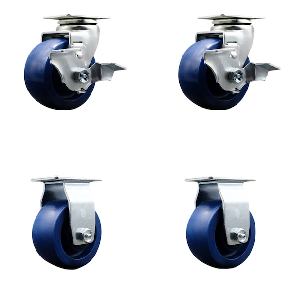 4 Inch Solid Polyurethane Caster Set with Ball Bearings 2 Brakes 2 Rigid